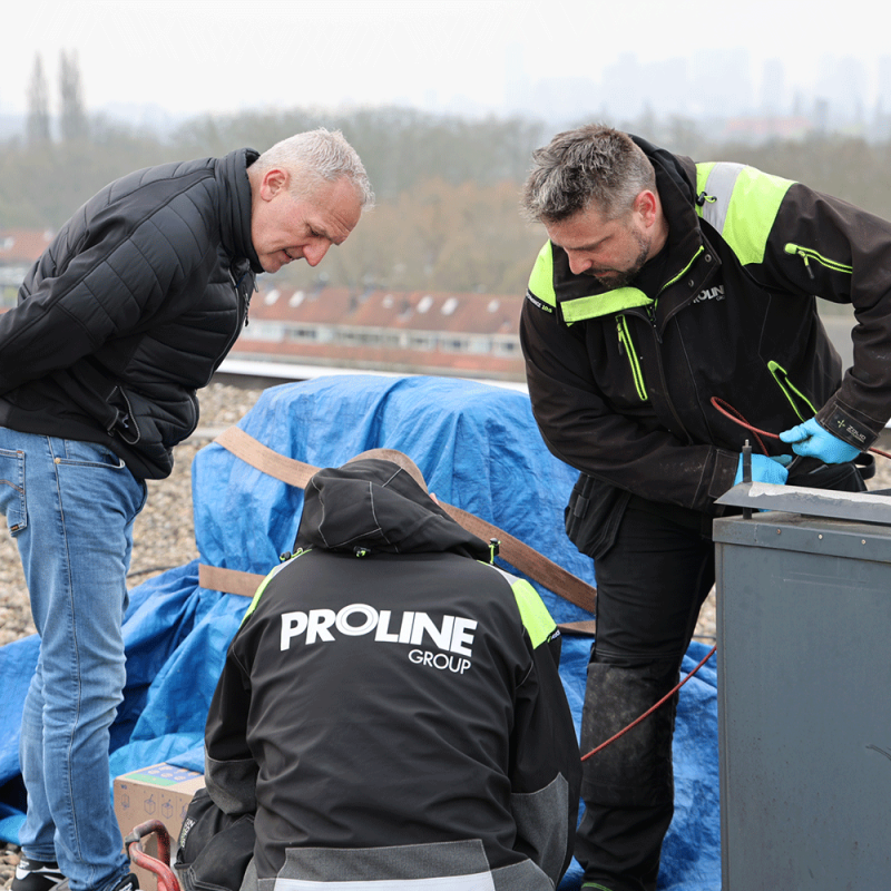 Proline werknemers op het dak bezig